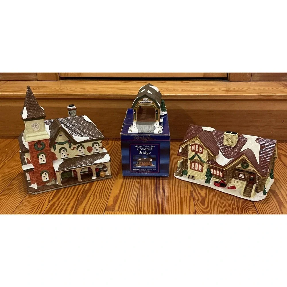 1995 Vintage Santa's Best Village Collectible village LOT of 3-no cord/light HTF